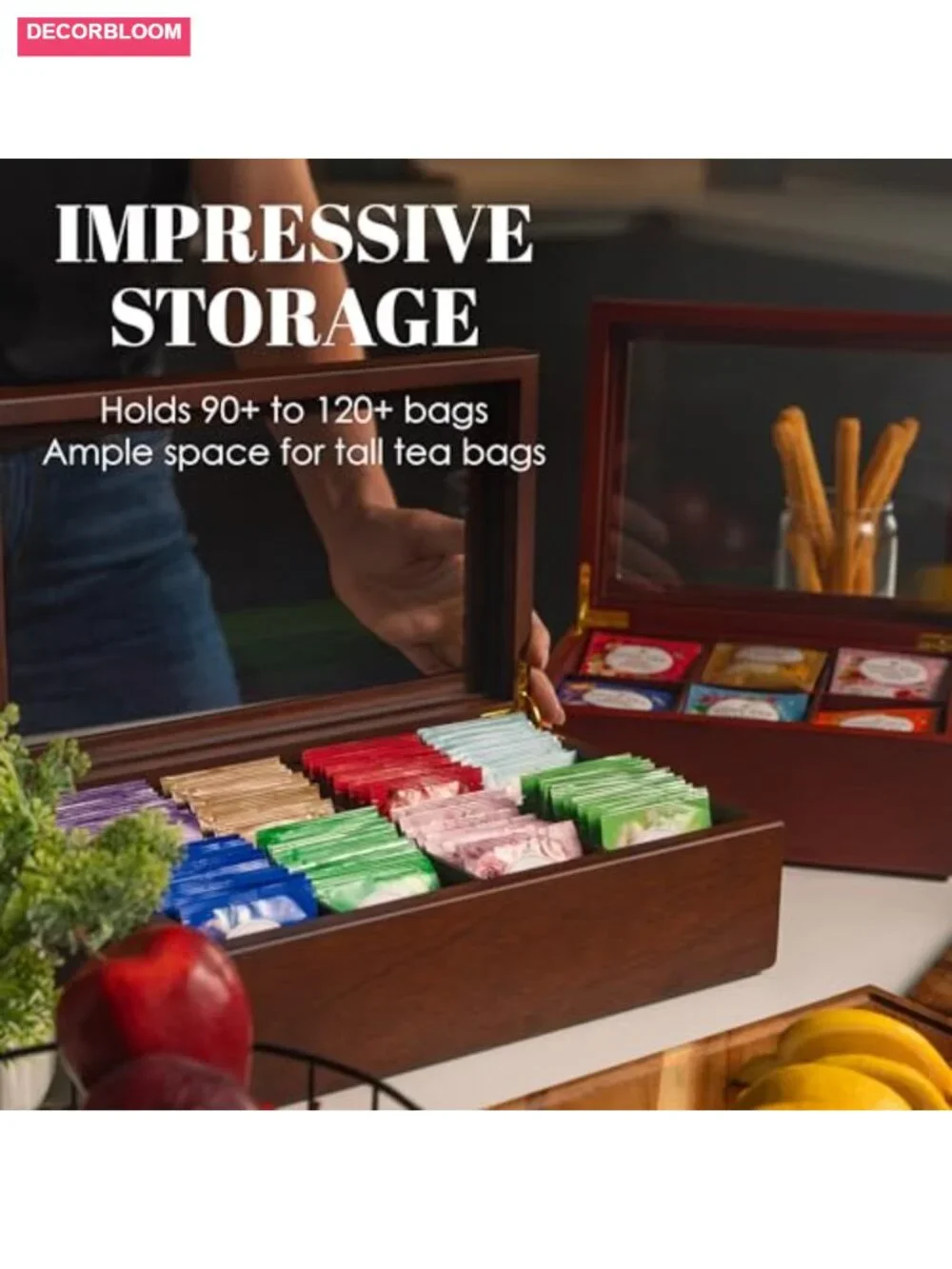 Luxury Wooden Tea Bag Organizer Storage Chest - 8 Compartments